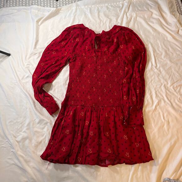 NWT Free People Red Floral Print Smocked Long Sleeve Mini Dress Sz M Cottagecore - Picture 5 of 12